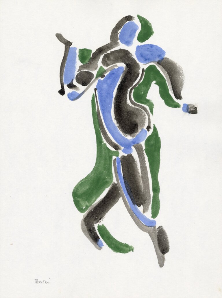 an abstract figure painted in large strokes of kelly green, deep periwinkle, and black. there is no definitive face or detailing. the artist's signature, reading "bucci", is in pencil in the bottom left corner