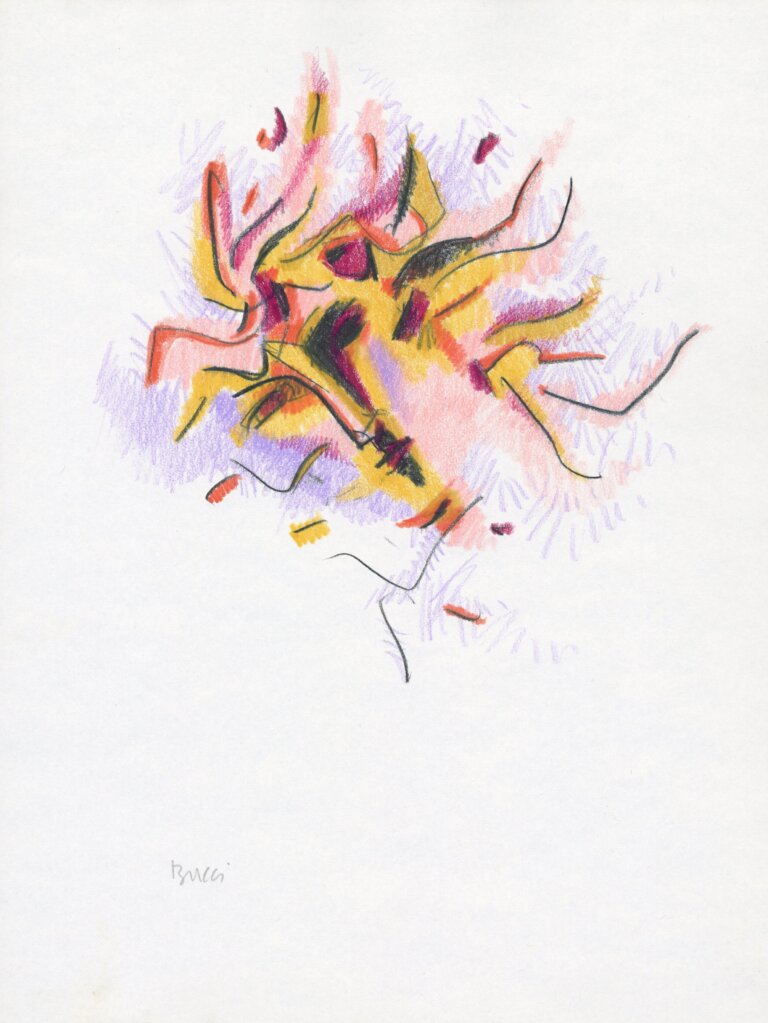 an abstract piece of a face drawn in black pencil and shaded with bright golden yellow, lilac, peach, magenta, and vermillion. there is no body. as the color moves outward from the center of the face, the markmaking becomes more stroke-like instead of shaded. the artist's signature, reading "bucci", is in pencil in the bottom left corner