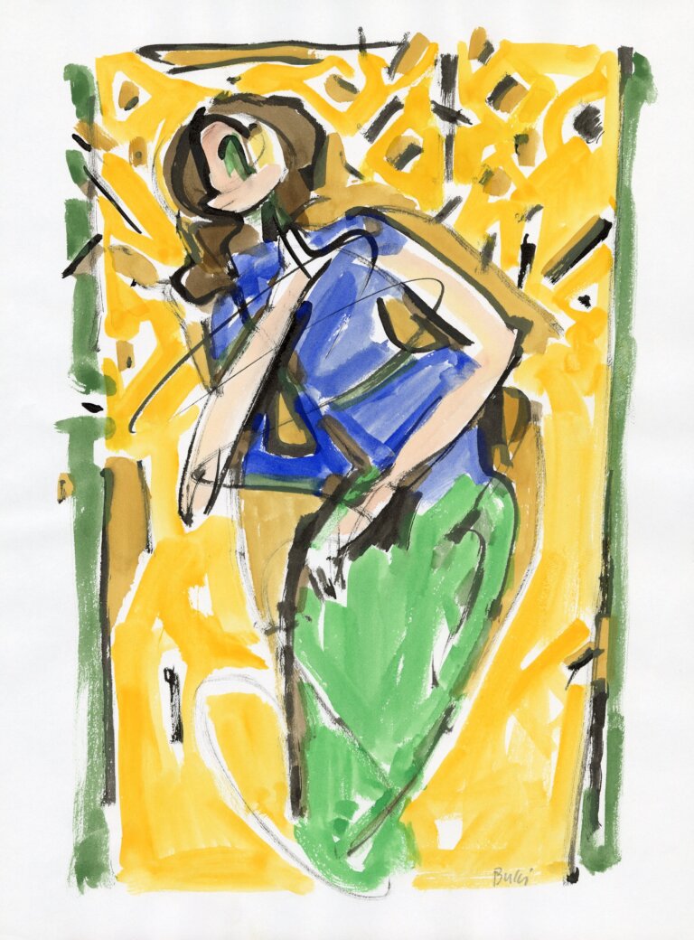 a figure of a woman in a blue sleeveless top and a green shirt standing against a yellow background. she has brown hair and is turning her face to the side with her arms bent. she seems to be standing in a doorway, as there are two vertical olive green lines on either side of her and the yellow colorblock behind her. there are a few confetti-like marks in yellow ochre and black behind her. the artist's signature, reading "bucci", is in pencil in the bottom right corner