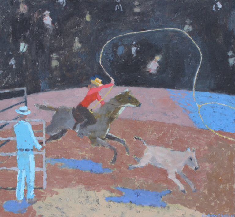 an oil painting on canvas of a rodeo rider on a brown horse with a lasso in the air to lasso a calf. the rider is wearing gray pants, a long sleeve red top, and a yellow hat. there is a man in all white standing next to the gate on the edge of the arena, which is filled with red dirt. there is a crowd visible in the background in a dark haze, where a few figures stand out scattered throughout.