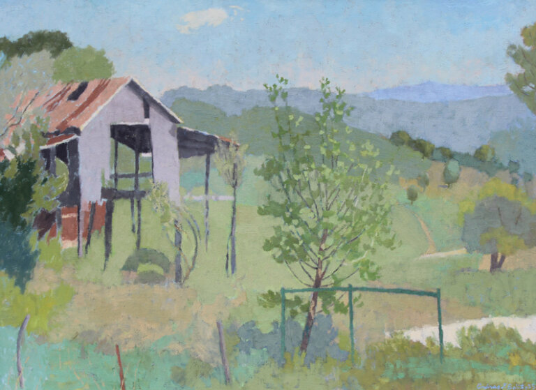 an impressionist painting of a dilapidated barn in the countryside. there are rolling green hills that lead to rolling blue mountains under a blue sky. there are remnants of a fence by the barn.