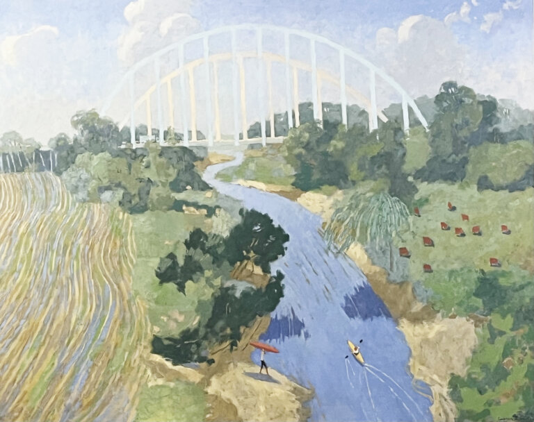 an impressionist painting of the trinity river where the margaret mcdermott bridge crosses. on the right bank there are brown cows, and the left bank has a man carrying a red kayak above his head towards the water. there is another kayaker in a yellow kayak on the river.