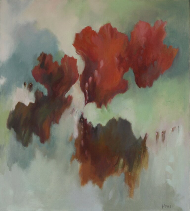 an abstract painting in oil on canvas with a hazy background of pastel greens, gray, blues, and cream. there are a few undefined shapes in the foreground in bright crimson, vermillion, rust, gold, umber, and deep olive green. the shapes flow together. the artist's signature, reading "howell", is written in all uppercase letters in a soft gray-brown in the bottom right corner