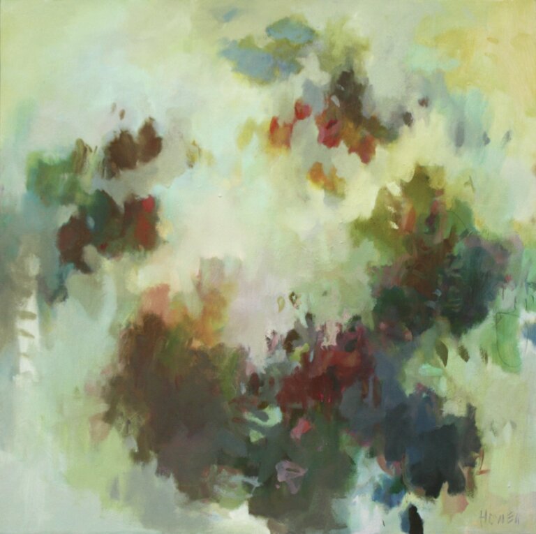an abstract painting in oil on canvas with a hazy background of pastel greens, gray, blues, and cream. there are a few undefined shapes in the foreground in bright crimson, vermillion, rust, gold, umber, and deep olive green. the shapes flow together. there are accents of yellow and lime green throughout the piece. the artist's signature, reading "howell", is written in all uppercase letters in a soft gray-brown in the bottom right corner