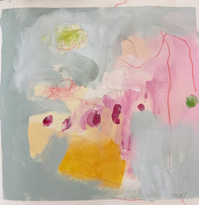 an abstract painting on paper with a hazy soft blue gray background. there are undefined shapes in cotton candy pink, lime green, and goldenrod yellow in the foreground. there are accents of magenta and soft red throughout the piece but focused on the abstract shapes. . the artist's signature, reading "howell", is written in all uppercase letters in a pencil in the bottom right corner