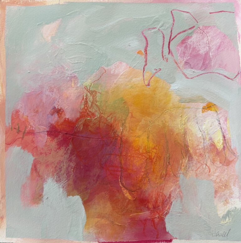 an abstract painting on paper with a pale mint background and a large blotch of yellow, orange, red, and pink with magenta accents. . the artist's signature, reading "howell", is written in all uppercase letters in a pencil in the bottom right corner