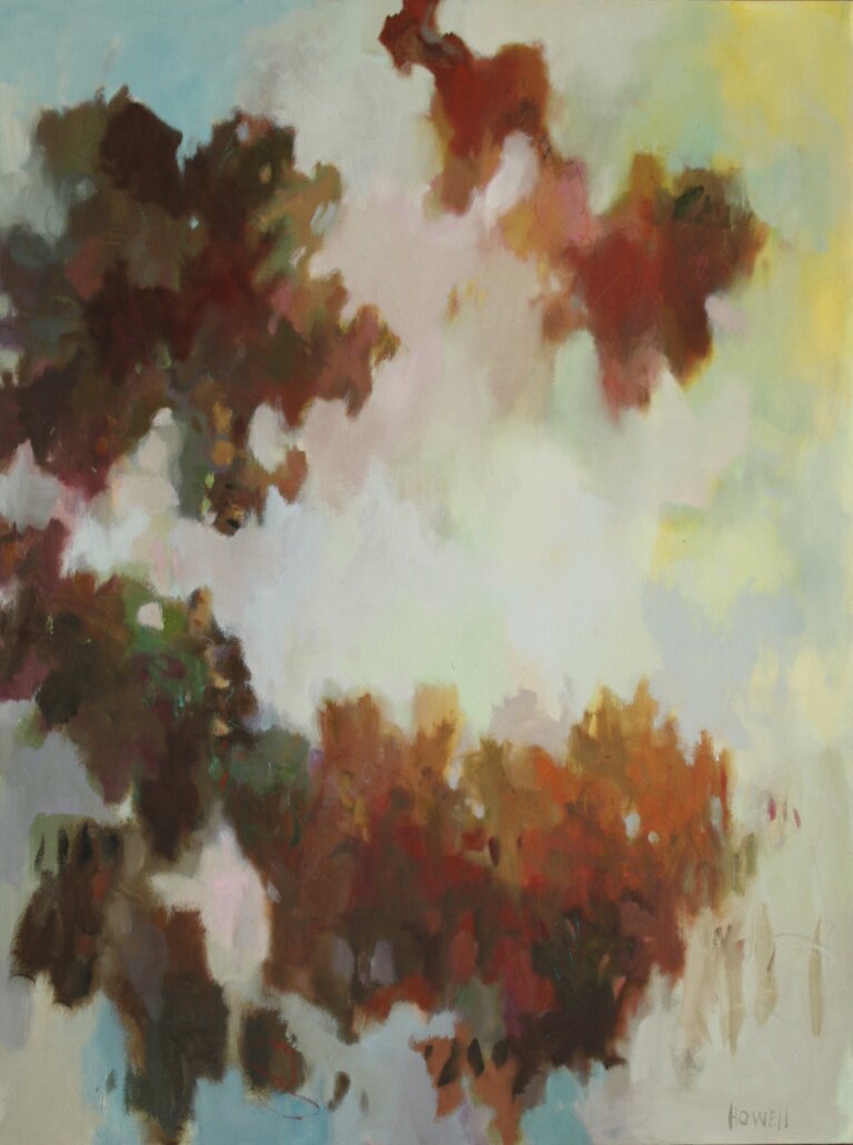 an abstract painting in oil on canvas with a hazy background of pastel greens, gray, blues, and cream. there are a few undefined shapes in the foreground in bright crimson, vermillion, rust, gold, umber, and deep olive green. the shapes flow together. there are accents of mint and lemon yellow in the background. the artist's signature, reading "howell", is written in all uppercase letters in a soft gray-brown in the bottom right corner
