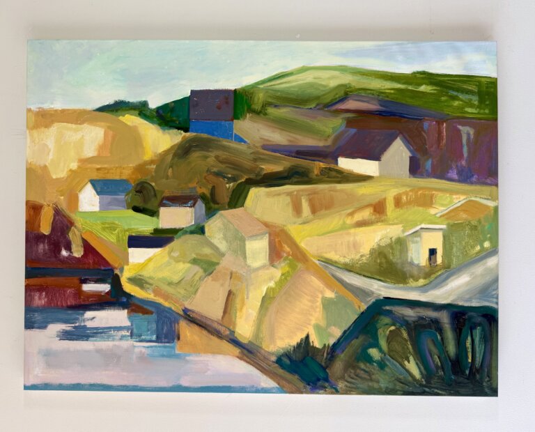 Cubist landscape on a hill with varying colors. Yellows, greens, purple to blues.