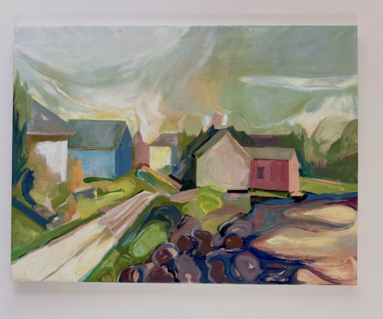 Abstract cubist landscape. Background is muted greens with more saturated colors of pink, blue in houses and a purple field.