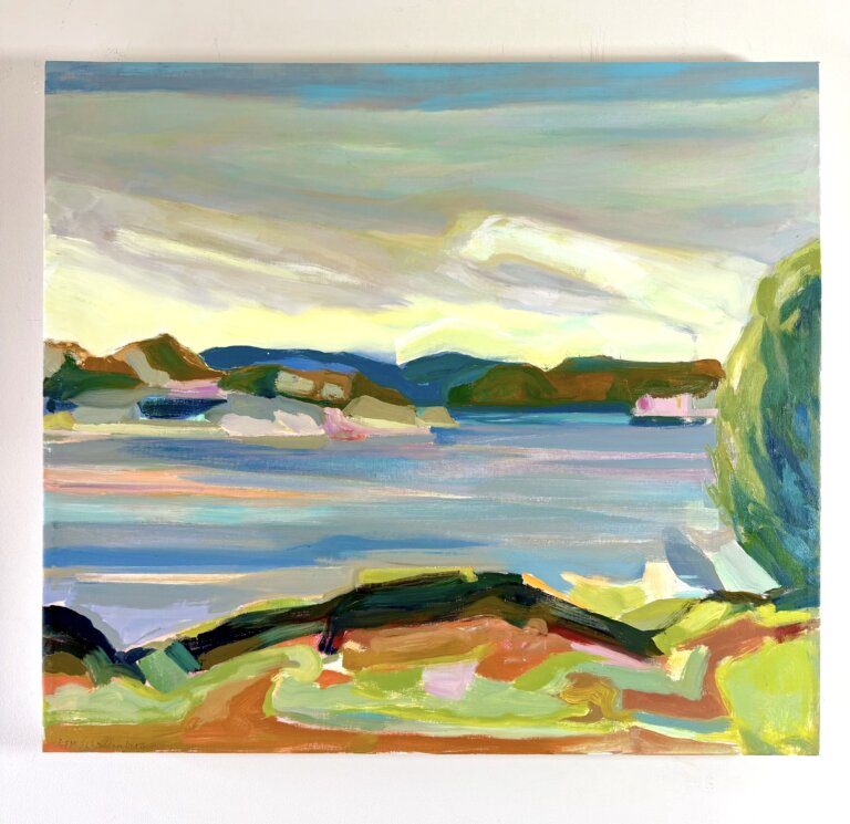 Abstract landscape of water and shore with layers of colors.