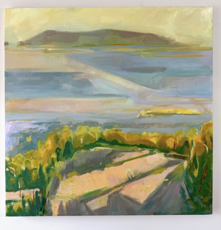 Abstract landscape with muted background in blues and yellows. Foreground is brighter with yellows and greens of foliage.