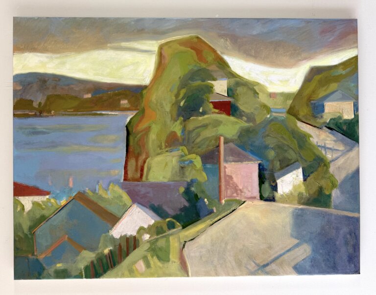 Abstract cubist landscape in layered colors. Lots of blues and greens with pops of pink and orange.