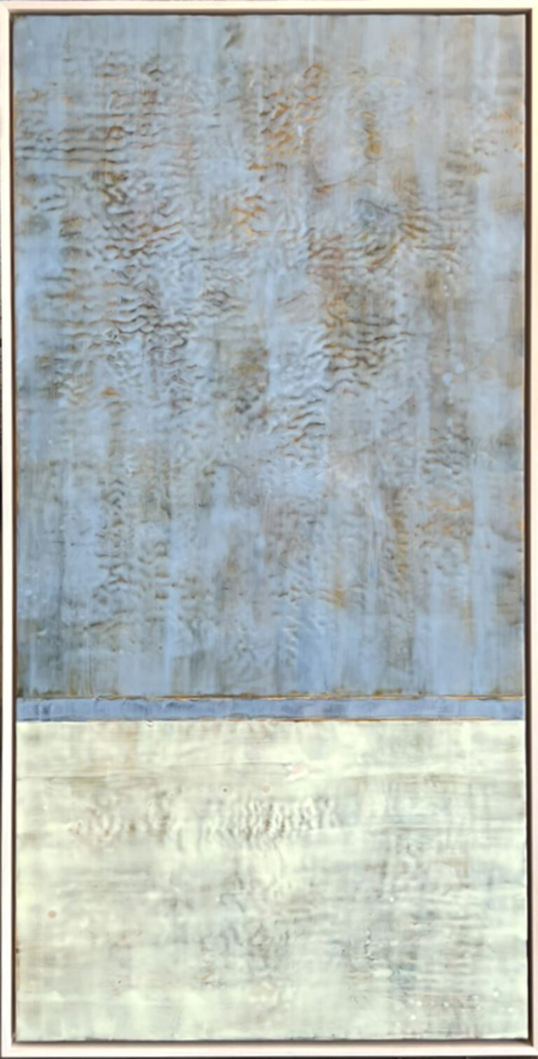 an abstract encaustic piece that is divided horizontally into two sections. the top section is cornflower blue with brown and taupe accents, and the bottom is pale yellow with taupe accents. where the two sections meet there is a thin brown line