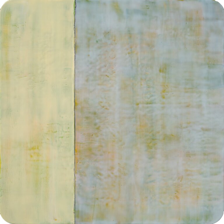 an abstract encaustic piece that is divided vertically into two sections. the left section is pale yellow, and the right is powder blue with accents of olive green and yellow ochre. where the two sections meet there is a thin black line
