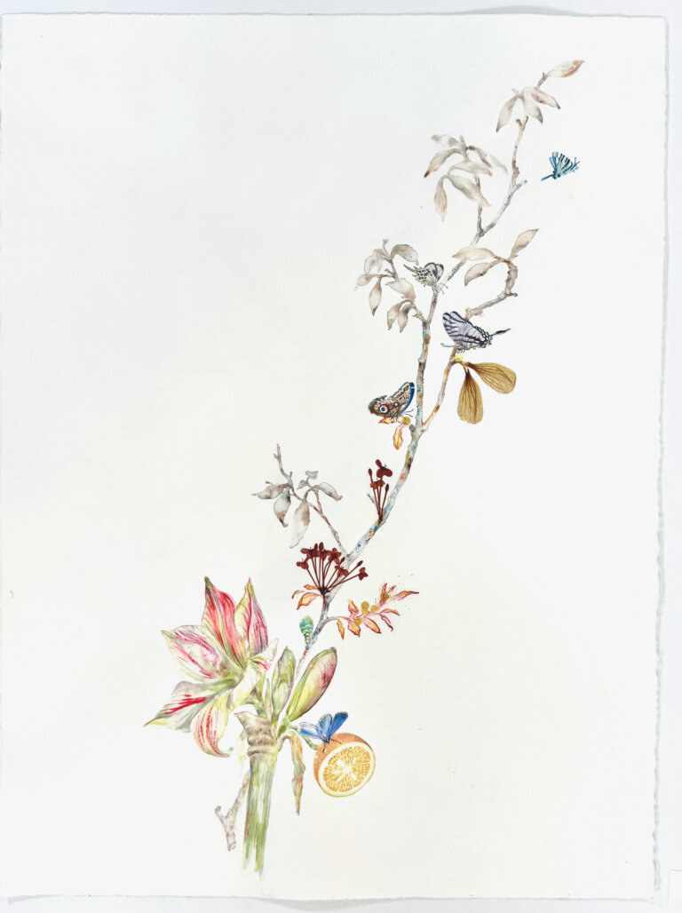 an abstract floral piece with one large stem that curves upwards to the right from the bottom left. flowers and leaves are watercolored in soft tones. there are also collage elements, including dried flowers, thread, sequins, and paper.
