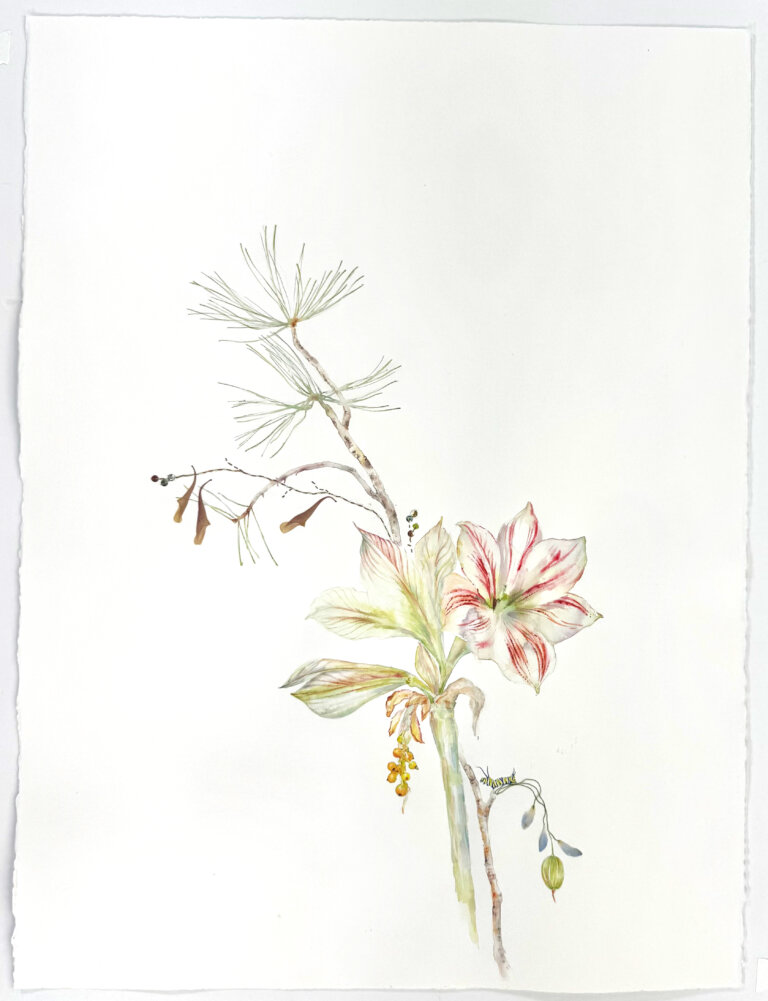 an abstract floral piece with one large stem that curves upwards from the bottom. flowers and leaves are watercolored in soft tones. there are also collage elements, including dried flowers, thread, sequins, and paper.