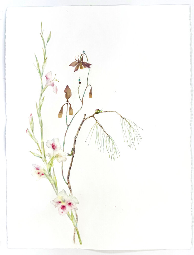 an abstract floral piece with one large stem that curves upwards from the bottom,mostly on the left side of paper. flowers and leaves are watercolored in soft tones. there are also collage elements, including dried flowers, thread, sequins, and paper.