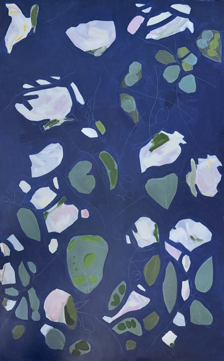 abstract floral with dark blue background. rough shapes of flower parts in pinks and greens with some drawn stems and leaves.
