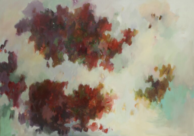 an oil piece on canvas with primarily pastel sea foam-toned background with a multi colored abstraction on the canvas. the abstractions are mainly deep orange, rust, and maroon colored with some accents or lavender, turquoise, pinks and mint