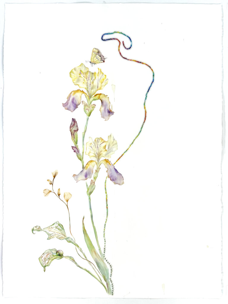 an abstract floral piece with one large stem that curves upwards from the bottom. flowers and leaves are watercolored in soft tones. there are also collage elements, including dried flowers, thread, sequins, and paper. a single yellow butterfly is present at the top of the piece appearing to pollinate the flower.