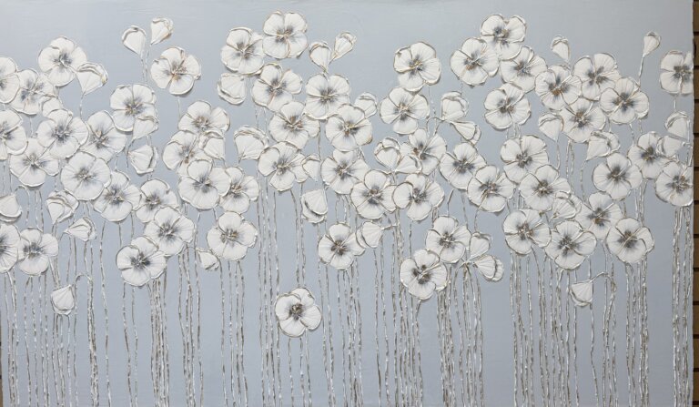abstract floral painting of white flowers with blue center that appear to be in the shape of a poppy, some gold leafing on the stems and flowers, background on light pale blue'ish gray