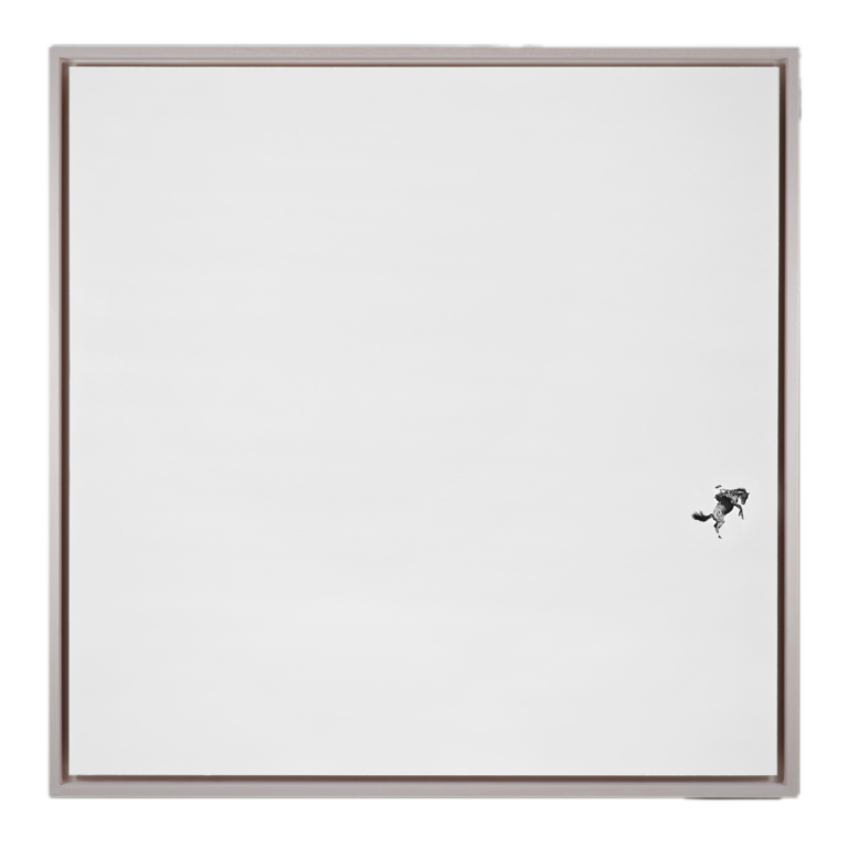 a highly detailed illustration of a rider on a bucking horse in motion drawn painstakingly in graphite in the bottom center right of a large white panel board