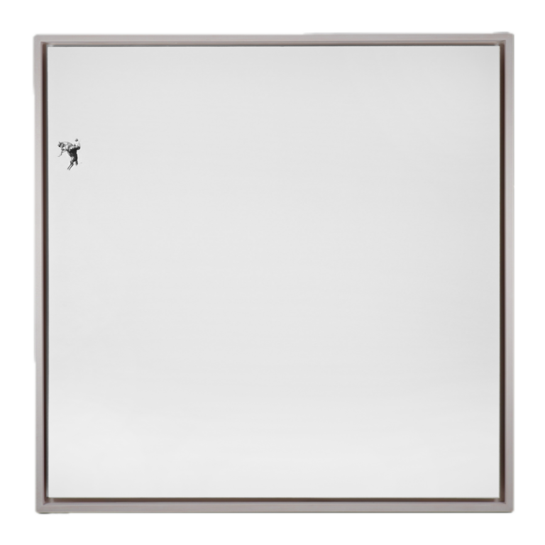 a highly detailed illustration of a rider on a bucking horse in motion drawn painstakingly in graphite in the top center left of a large white panel board