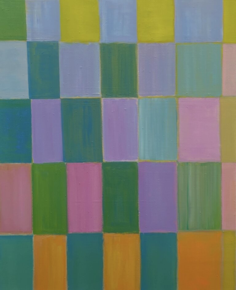 an abstract geometric art piece with two vertical columns of horizontal rectangles stacked. the rectangles are different shades of blues, purples, pinks, orange, yellows and greens.