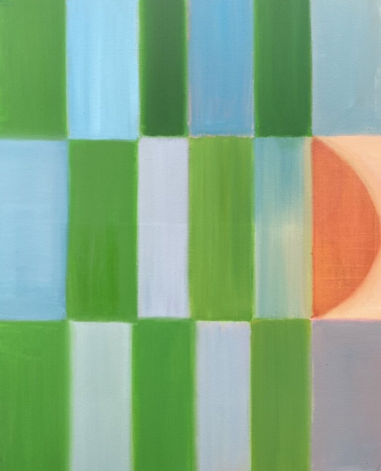 an abstract geometric art piece with two vertical columns of horizontal rectangles stacked. the rectangles are different shades of blues, purples, and greens. one rectangle on the far right middle has an orange half oval in a peach rectangle.