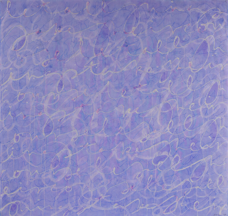 hazy painting in lilac with calligraphic writing in white and blue with spots of magenta