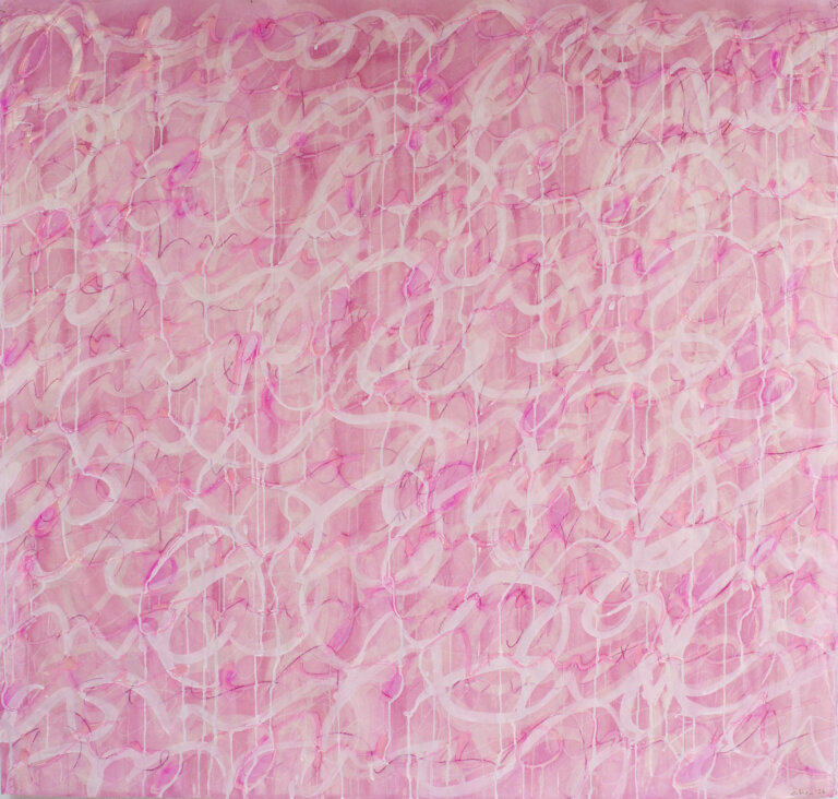 bright pink painting with calligraphic writing in white and magenta with paint dripping throughout