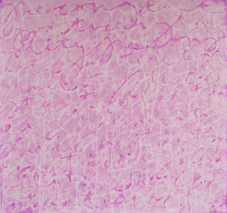 pink painting with calligraphic writing in magenta and white with paint dripping throughout.
