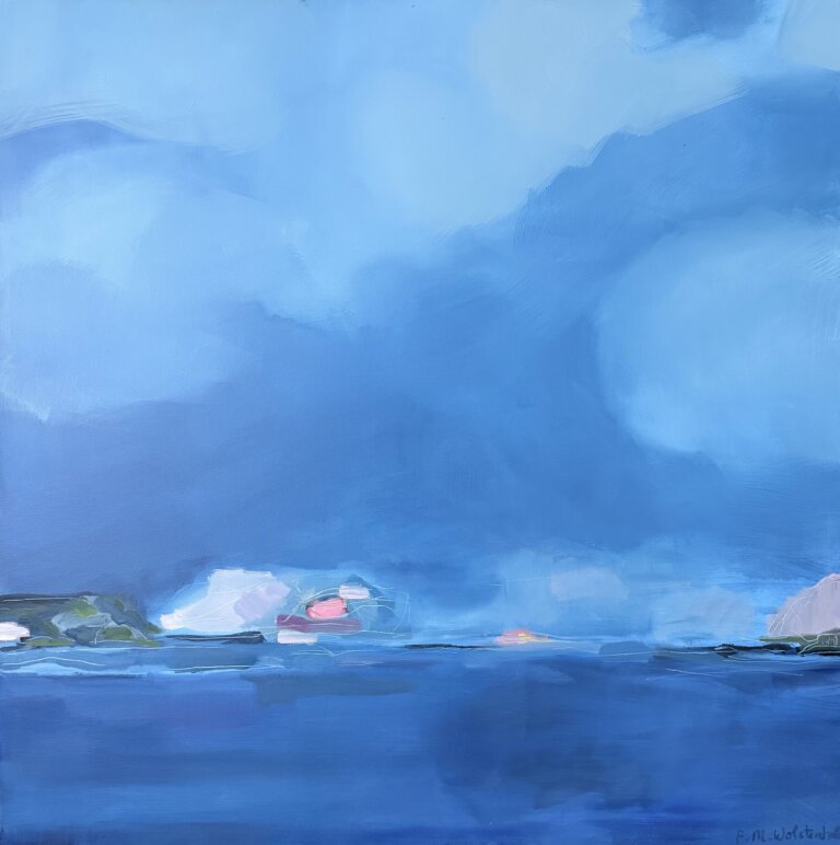 abstract coastal inlet landscape, mostly blues with land areas on the far left and right defined by hues of blues, greens, lavender, pink and soft white. the bright blue sky appears to have some puffy cloud coverage.