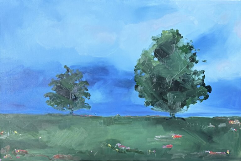 abstract landscape with two trees with green field in foreground with wildflowers in several areas with a bright blue sky