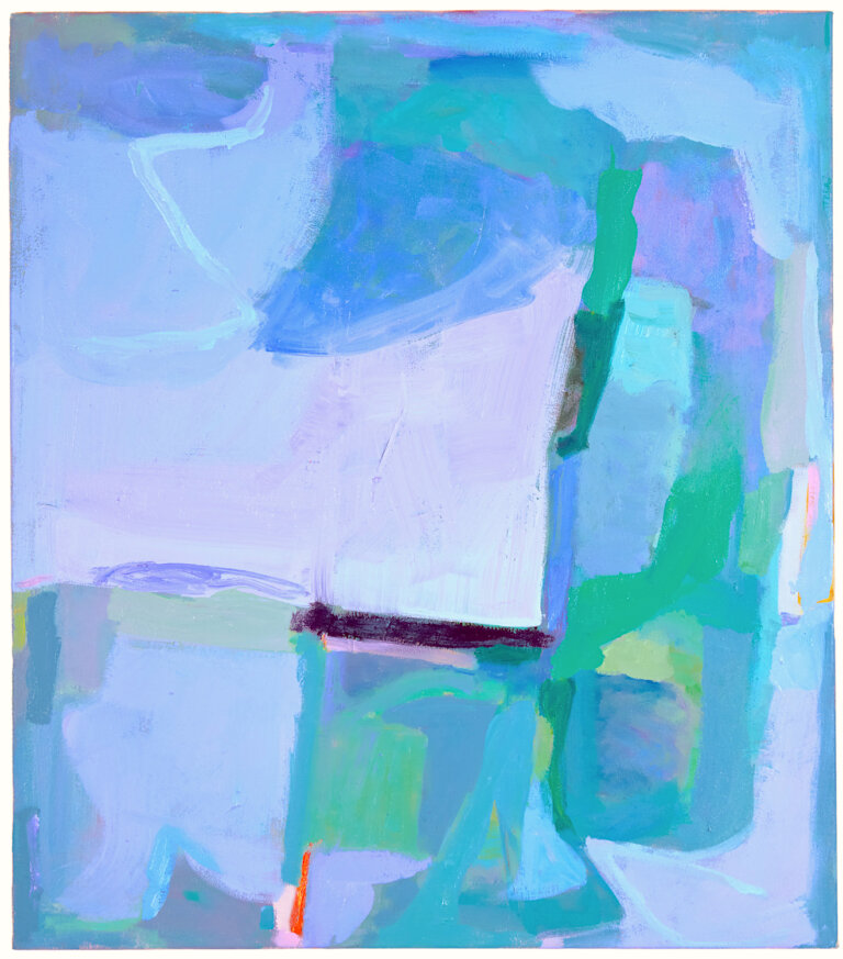 an abstract, atmospheric composition of soft, layered blocks in cool blues, teals, and hints of lavender. broad, blended brushstrokes create a hazy, luminous surface, with subtle shifts in tone suggesting depth and structure. darker accents anchor the composition, providing a layered quality, while the overall effect feels calm, fluid, and gently immersive