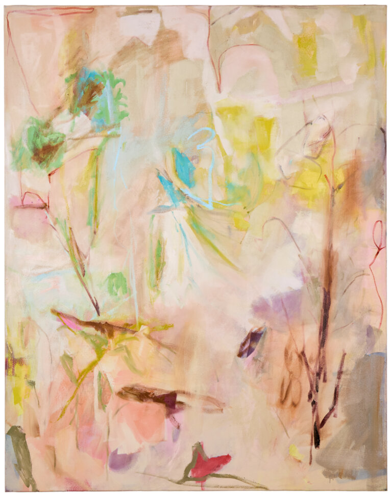 an abstract, gestural composition with soft washes of peach, cream, and pale yellow layered with loose, expressive marks in greens, blues, and browns. delicate, sketch-like lines suggest organic, plant-like forms emerging and dissolving across the surface. the piece feels fluid and atmospheric, with a light, airy palette and an intuitive, lyrical energy