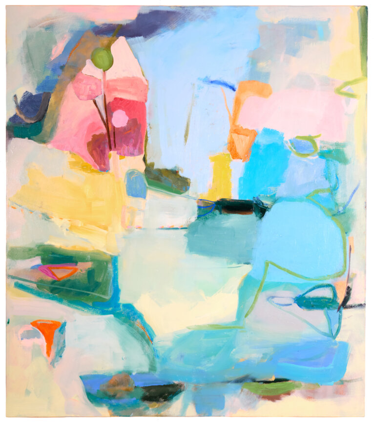 an abstract, painterly composition of layered, gestural shapes in blues, pinks, soft yellows, and greens. loose brushwork and fluid transitions create a sense of movement, while scattered brighter accents add energy and spontaneity. the forms loosely suggest blue pools, but remain open to expressive overlap and imagination