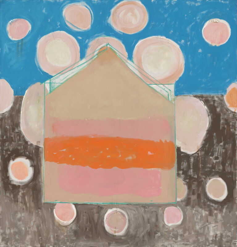 abstract artwork with crude representation of a house that has three stripes, two pink and one orange with a tan background outlined in teal. the background is royal blue on the top and brown on the bottom wiht pink and cream bubbles floating around the house.