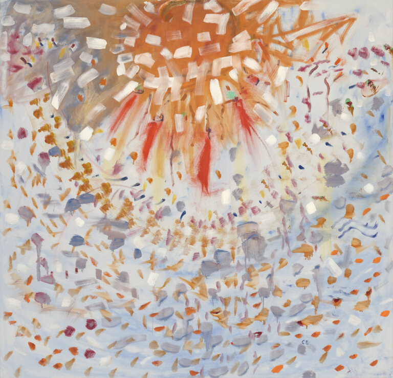 abstract painting that looks like an explosion or fireworks. the center of the explosion is orange, cream and dots f green and lines of red. surrounding the explosion is a semi circle of dots of red, gray, orange, cream and blue.