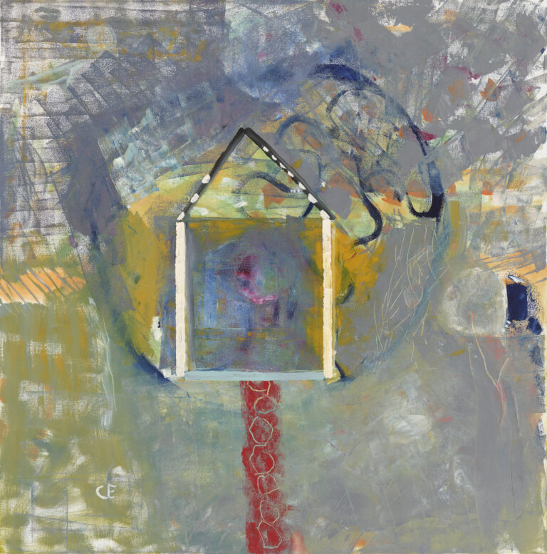 abstract painting of a multi colored bird house on a red post. the sky is hues os gray, blue, green, yellow and purple.