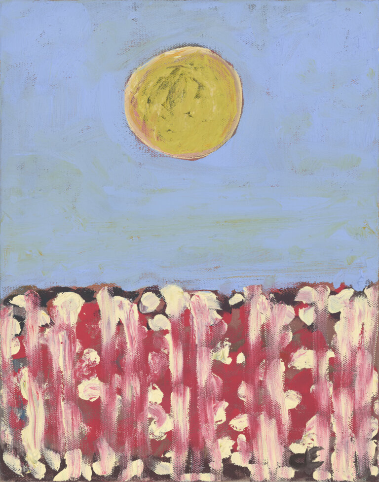 an abstract landscape of a yellow and orange full moon or sun. the sky is blue with hints of green. the ground is hot pink speckled with cream dots and some dark purple and black on the exterior perimeter.