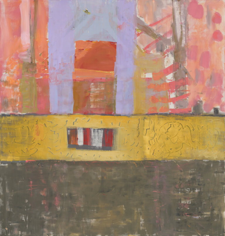 abstract painting. the bottom third is brown and pink with a hint of yellow. the middle is yellow horizontal stripe with a red, white and grey striped box in the middle. the top is a series of vertical stripes, the left and right stripes look like abstract wooded landscape with gray/brown trees and pink and orange sky. the middle stripe has a vertical box that depicts a home which is hues of orange and gray. the sky behind the home is lavender.