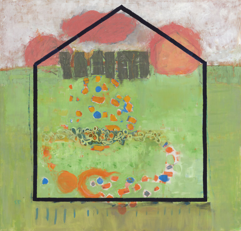 abstract artwork with crude representation of a house that is outlined in black. the black house overlays a landscape of green field speckled with orange and blue flowers, sky of pink and cream clouds and gray buidlings on the horizon line.