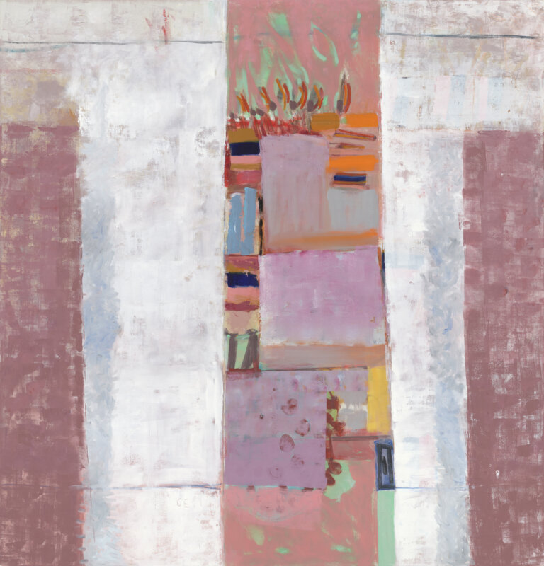 abstract art with five columns, the exterior columns are pink, next are two white columns. the center column is a series of squares in pink, lavender and stripes of black, orange, gray and green. the top square in the column looks like candles with green flames.