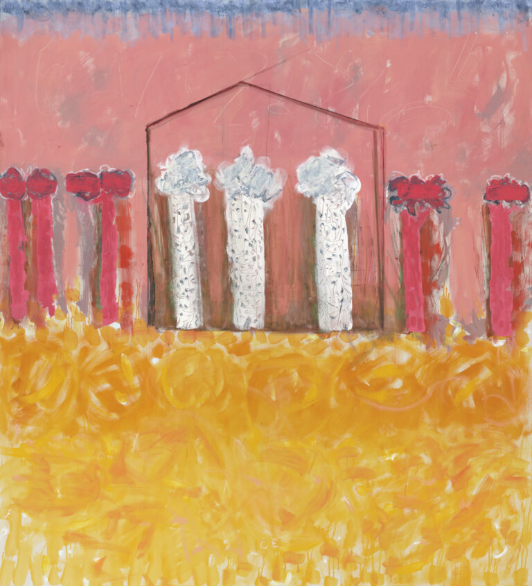 abstract landscape, the field is swirls of yellow, cream and orange, the background is pink with a thin blue sky at the top of canvas. on the horizon line is a house outline iwth three white pillow inside it and hot pink pillars on either side outside of the house.