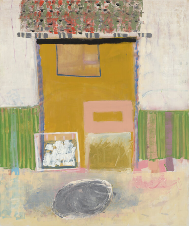 abstract painting of a yellow house or some type of structure. the roof is speckled in green, pink and black. inside the house are three small boxes - one pink with a ochre middle, another blue and green, and a mostly white one, outlined in white wth a little green, pink and blue inside. the foreground is cream with a gray circle in the middle. the house is on a green, blue and purple striped lawn. the sky is cream.