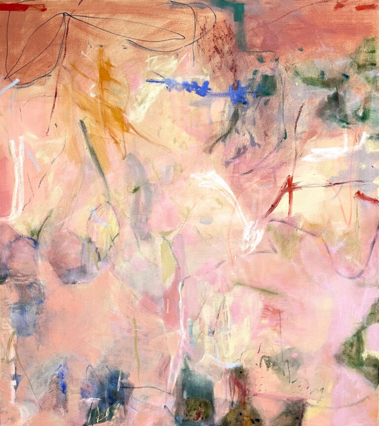 primarily pink abstract painting, the middle seems backlit because of the hues of yellow and cream, there are marks throughout the piece in hues of green, red, dark blue, orange