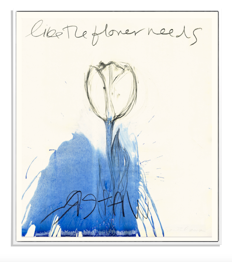 abstract white tulip with a wash of blue paint over the stem and leaves, writing at the top of the piece says like the flower needs and in the blue wash it says water, but it's spelled backwards