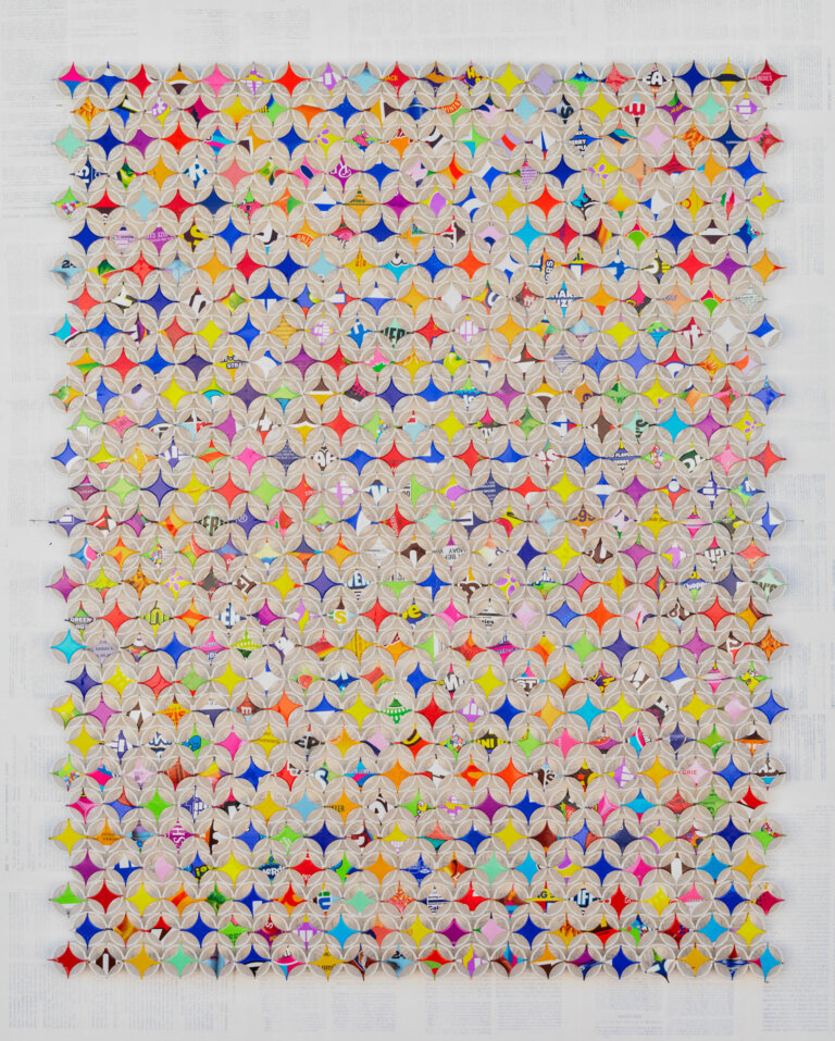 collage of white condiment cups with multi colored candy box four pointed stars on top of the cups