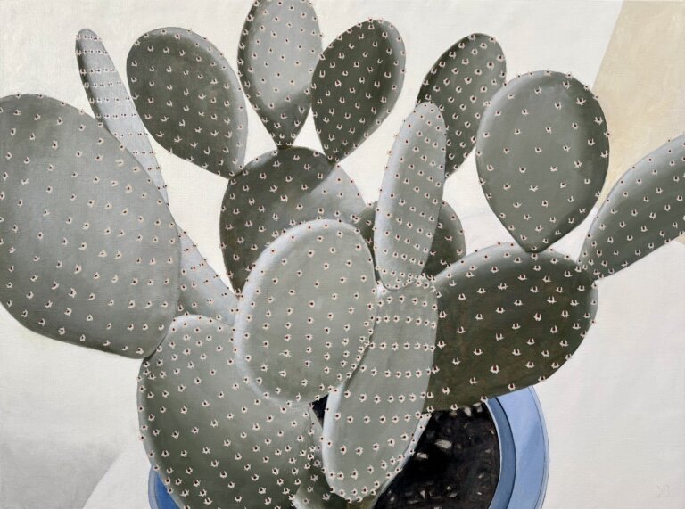minimalist view from above painting of a green-gray cactus in a blue pot with a cream and gray background